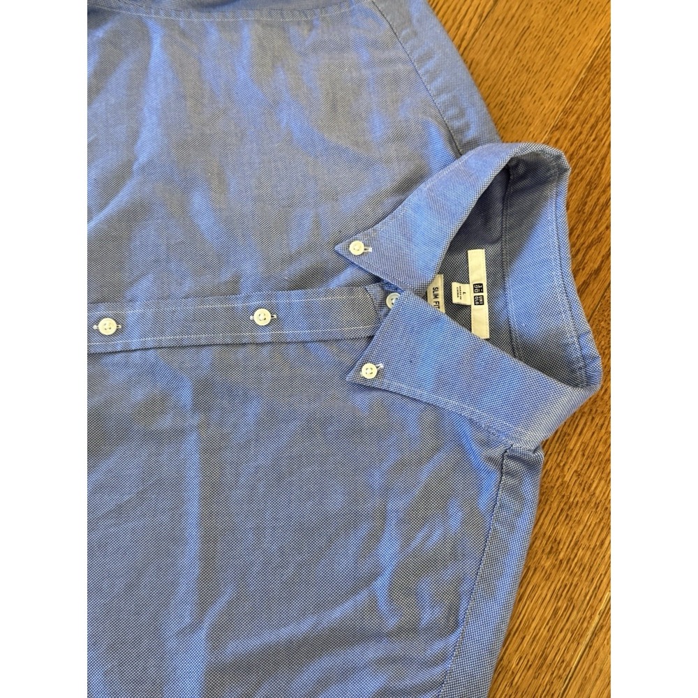 Uniqlo Shirt Mens Size Large Blue Slim Fit Long Sleeve Button Up Cotton Spandex